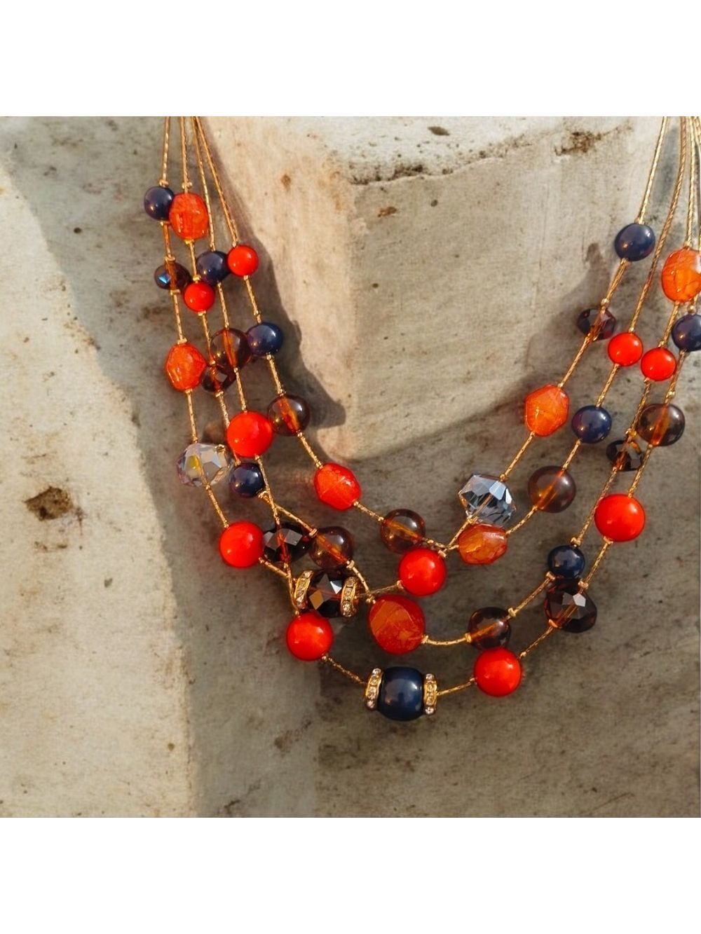 Erica Lyons Multi Strand Beaded Necklace Red Navy Gold Tone Statement Jewelry